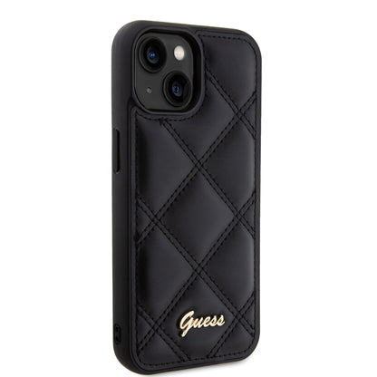 Apple iPhone 15 Kılıf Guess Orjinal Lisanslı PU Deri Metal Yazı Logolu Kapitone Kapak