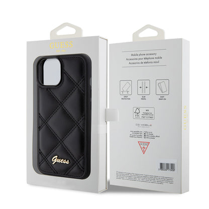Apple iPhone 15 Kılıf Guess Orjinal Lisanslı PU Deri Metal Yazı Logolu Kapitone Kapak