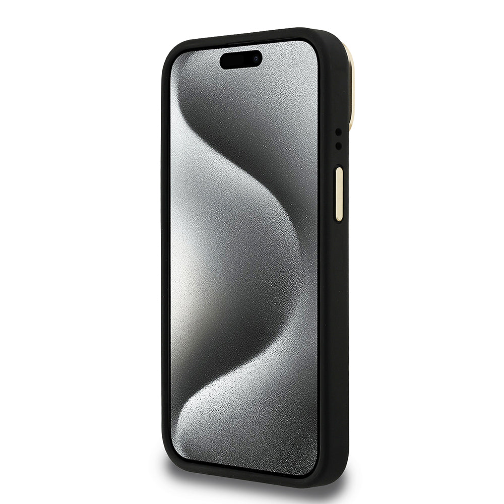 Apple iPhone 15 Kılıf Guess Orjinal Lisanslı PU Deri Taşlı Üçgen Logo 4G Desenli Kamera Standlı Kapak