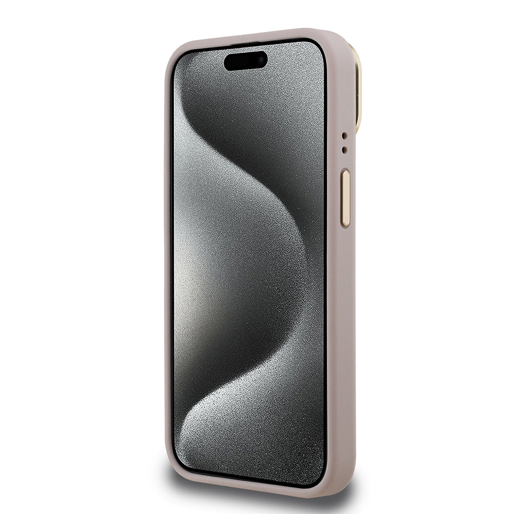Apple iPhone 15 Kılıf Guess Orjinal Lisanslı PU Deri Taşlı Üçgen Logo 4G Desenli Kamera Standlı Kapak