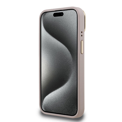 Apple iPhone 15 Kılıf Guess Orjinal Lisanslı PU Deri Taşlı Üçgen Logo 4G Desenli Kamera Standlı Kapak