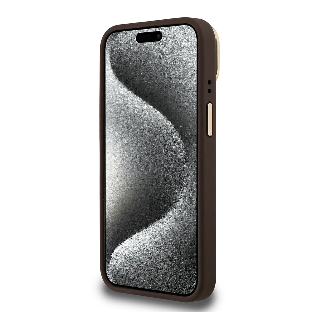 Apple iPhone 15 Kılıf Guess Orjinal Lisanslı PU Deri Taşlı Üçgen Logo 4G Desenli Kamera Standlı Kapak