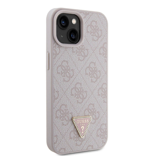 Apple iPhone 15 Kılıf Guess Orjinal Lisanslı PU Deri Taşlı Üçgen Logo 4G Desenli Strass Kapak