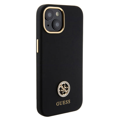 Apple iPhone 15 Kılıf Guess Orjinal Lisanslı Yazı ve Taşlı 4G Logolu Metal Kamera Çerçeveli Silikon Kapak