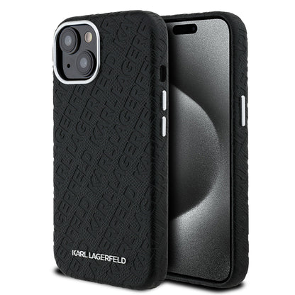 Apple iPhone 15 Kılıf Karl Lagerfeld Orjinal Lisanslı PU Deri Damgalı Metal Yazı Logolu Kapak