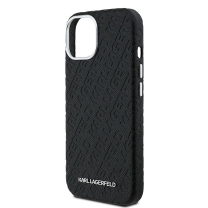 Apple iPhone 15 Kılıf Karl Lagerfeld Orjinal Lisanslı PU Deri Damgalı Metal Yazı Logolu Kapak