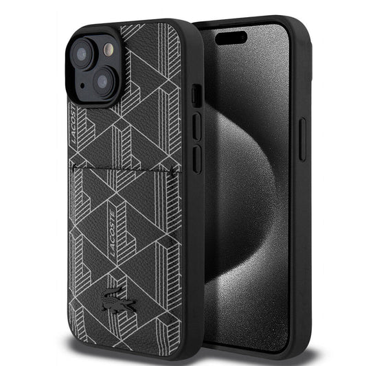 Apple iPhone 15 Kılıf Lacoste Orjinal Lisanslı M-safe Şarj Özellikli PU Deri Görünümlü Kartlıklı Karışık Monogram Desenli Kapak