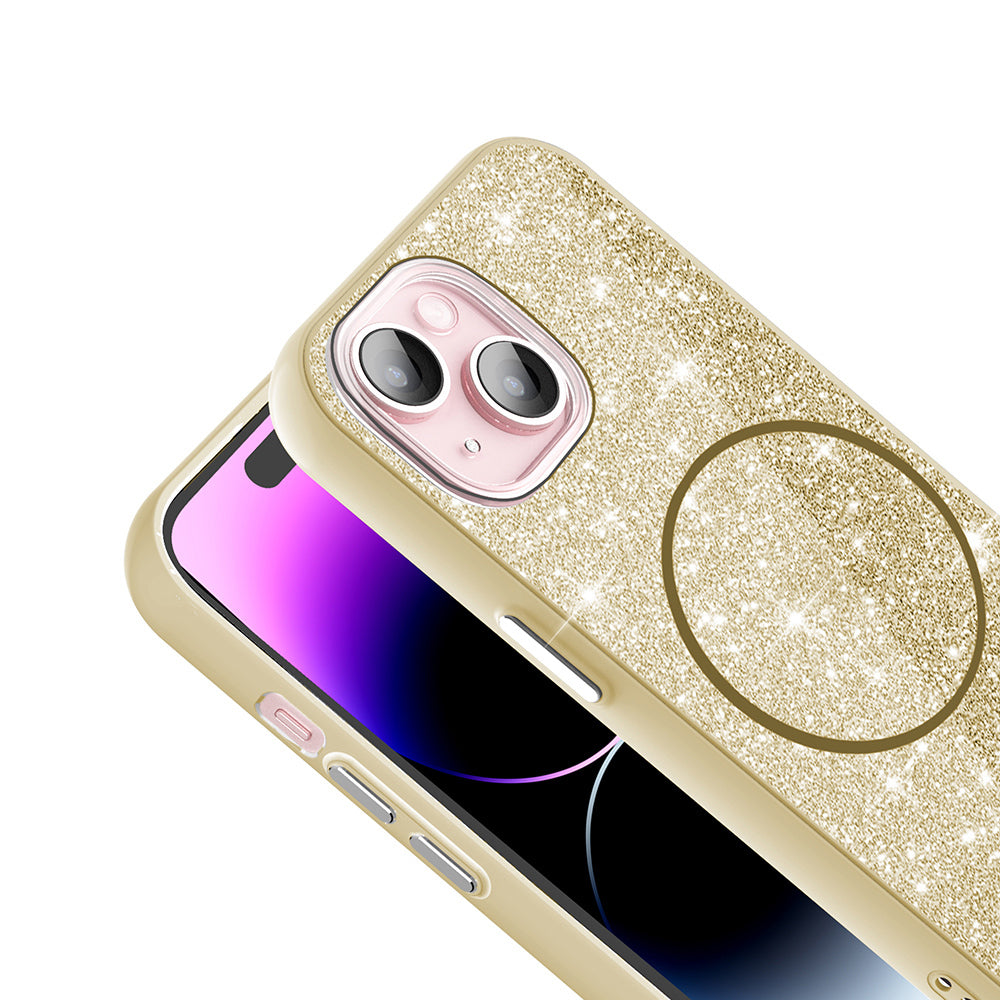 Apple iPhone 15 Kılıf M-safe Şarj Özellikli Parlayan Simli Zore Okso Kapak