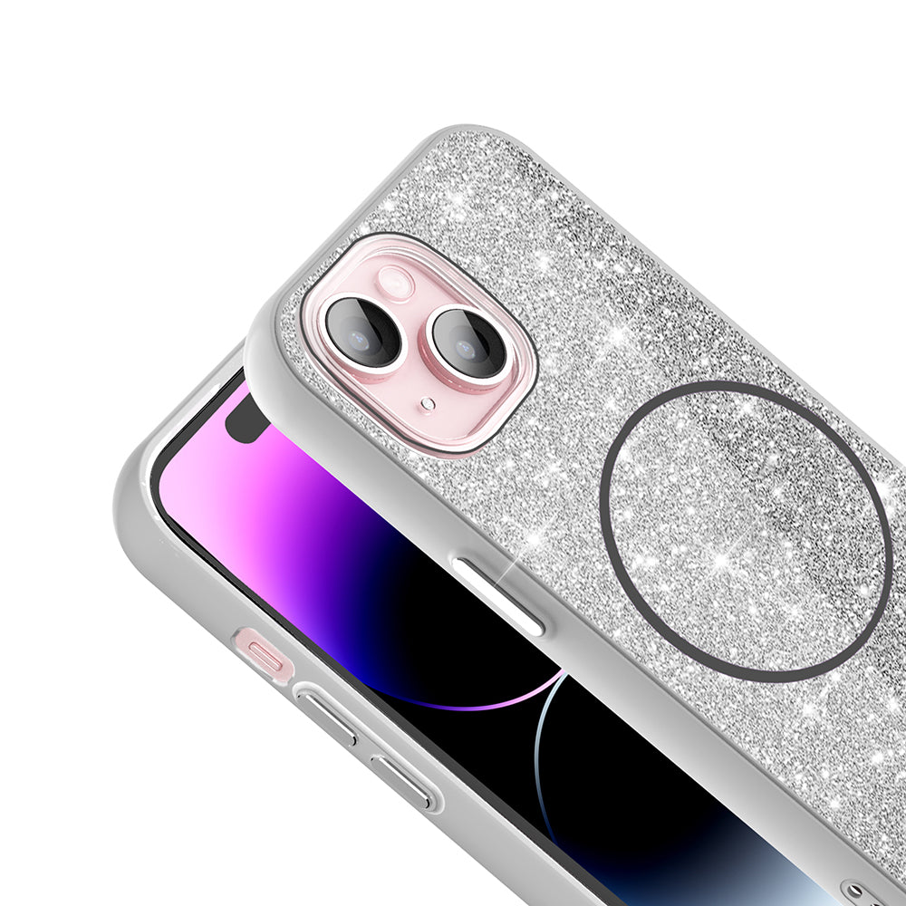 Apple iPhone 15 Kılıf M-safe Şarj Özellikli Parlayan Simli Zore Okso Kapak