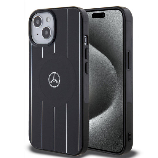 Apple iPhone 15 Kılıf Mercedes Benz Orjinal Lisanslı M-safe Şarj Özellikli Çift Katmanlı Paralel Çizgi Desenli Kapak