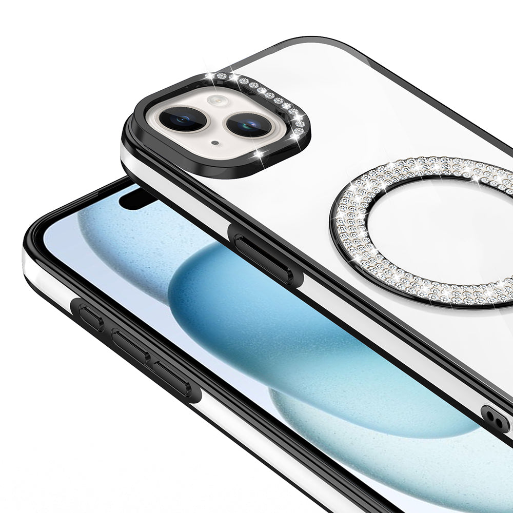 Apple iPhone 15 Kılıf Pırlanta Taş Tasarımlı M-safe Şarj Özellikli Zore Karetta Silikon Kapak
