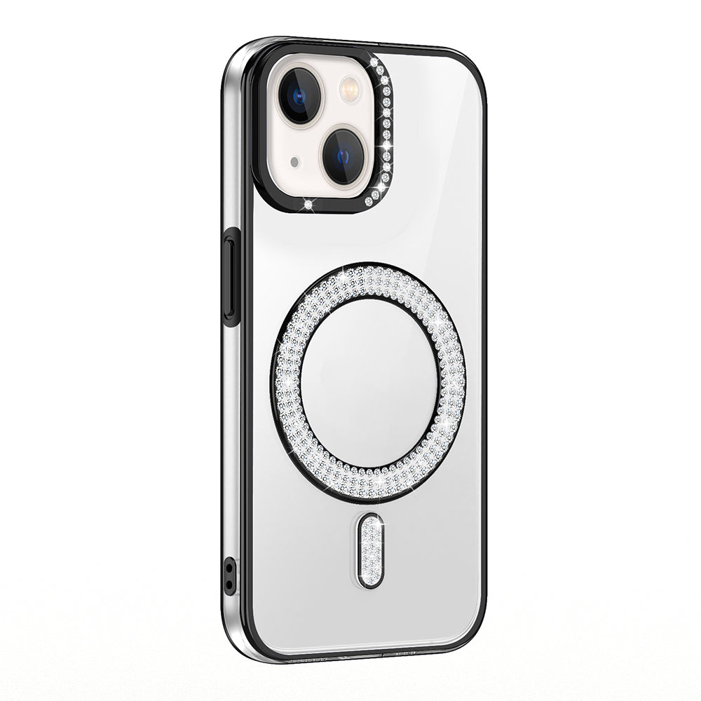 Apple iPhone 15 Kılıf Pırlanta Taş Tasarımlı M-safe Şarj Özellikli Zore Karetta Silikon Kapak