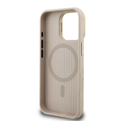 Apple iPhone 15 Pro Kılıf Guess Orjinal Lisanslı M-safe Şarj Özellikli Sıcak Baskılı Yazı Logolu Kamera Standlı PU Deri Peony Kapak