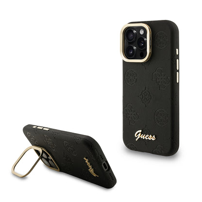 Apple iPhone 15 Pro Kılıf Guess Orjinal Lisanslı M-safe Şarj Özellikli Sıcak Baskılı Yazı Logolu Kamera Standlı PU Deri Peony Kapak