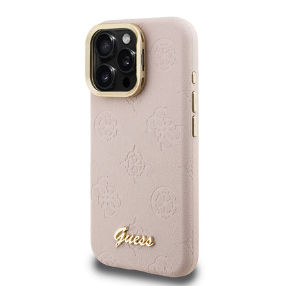 Apple iPhone 15 Pro Kılıf Guess Orjinal Lisanslı M-safe Şarj Özellikli Sıcak Baskılı Yazı Logolu Kamera Standlı PU Deri Peony Kapak