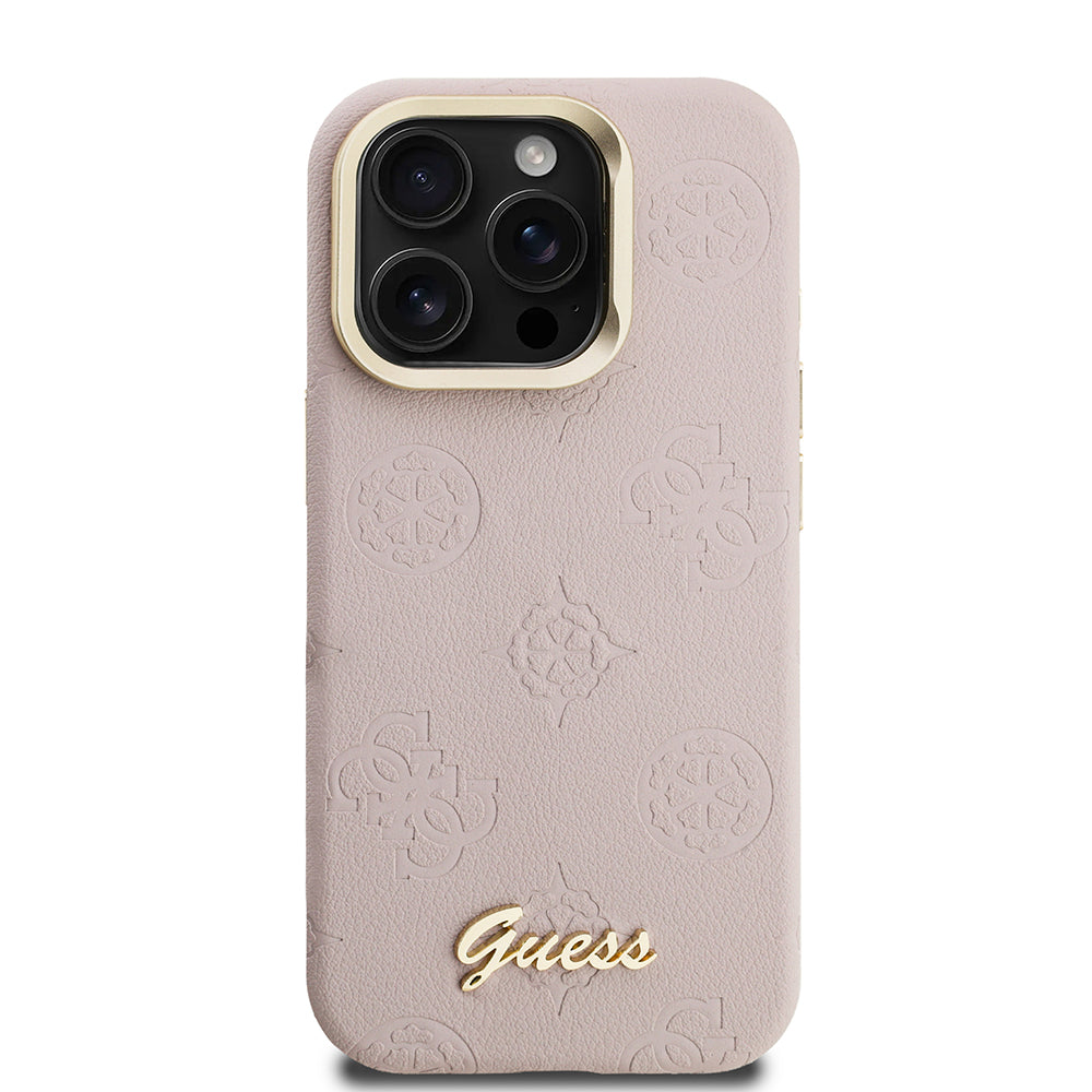 Apple iPhone 15 Pro Kılıf Guess Orjinal Lisanslı M-safe Şarj Özellikli Sıcak Baskılı Yazı Logolu Kamera Standlı PU Deri Peony Kapak