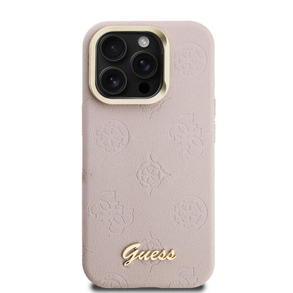Apple iPhone 15 Pro Kılıf Guess Orjinal Lisanslı M-safe Şarj Özellikli Sıcak Baskılı Yazı Logolu Kamera Standlı PU Deri Peony Kapak