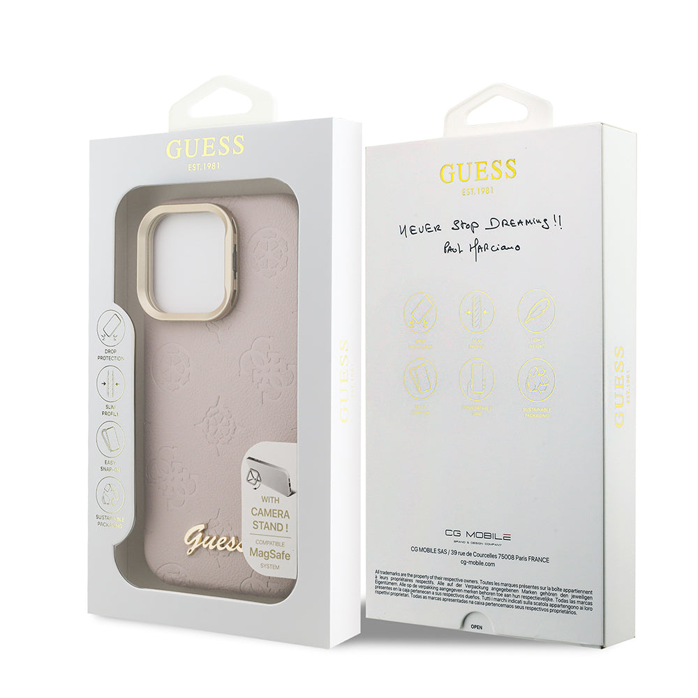 Apple iPhone 15 Pro Kılıf Guess Orjinal Lisanslı M-safe Şarj Özellikli Sıcak Baskılı Yazı Logolu Kamera Standlı PU Deri Peony Kapak