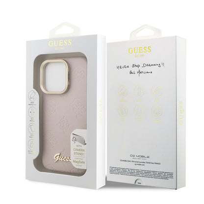 Apple iPhone 15 Pro Kılıf Guess Orjinal Lisanslı M-safe Şarj Özellikli Sıcak Baskılı Yazı Logolu Kamera Standlı PU Deri Peony Kapak
