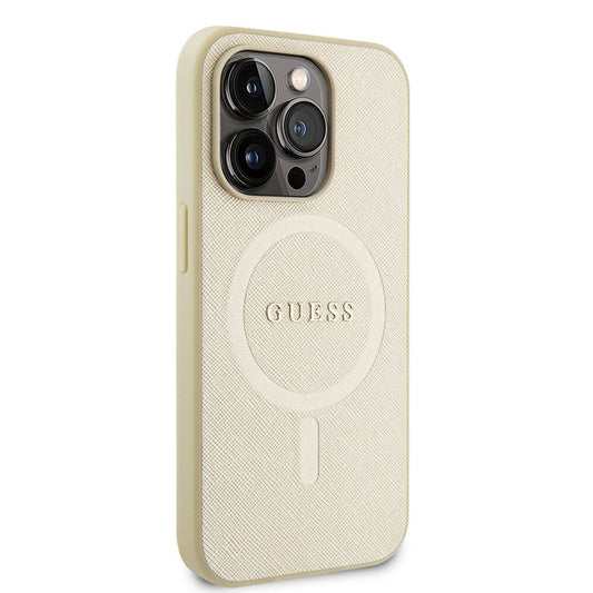 Apple iPhone 15 Pro Kılıf Guess Orjinal Lisanslı M-safe Şarj Özellikli Yazı Logolu Saffiano Kapak