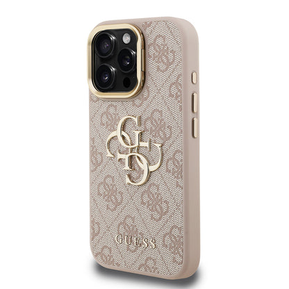 Apple iPhone 15 Pro Kılıf Guess Orjinal Lisanslı PU Deri 4G Desenli Metal Büyük 4G ve Yazı Logolu Kamera Standlı Kapak