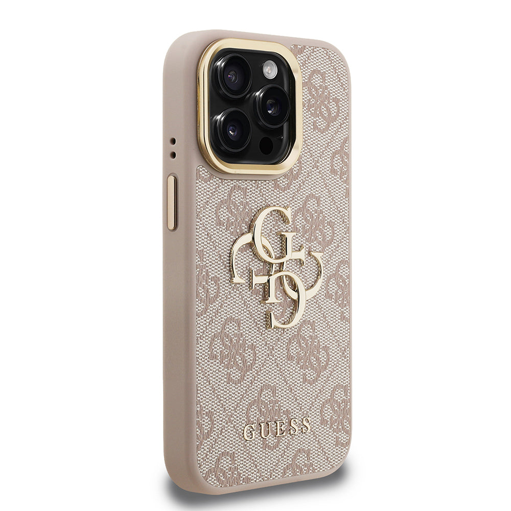 Apple iPhone 15 Pro Kılıf Guess Orjinal Lisanslı PU Deri 4G Desenli Metal Büyük 4G ve Yazı Logolu Kamera Standlı Kapak