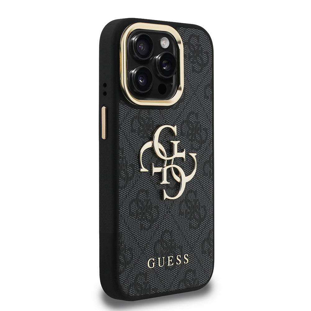 Apple iPhone 15 Pro Kılıf Guess Orjinal Lisanslı PU Deri 4G Desenli Metal Büyük 4G ve Yazı Logolu Kamera Standlı Kapak