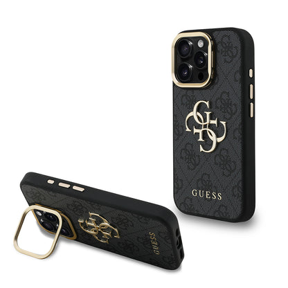 Apple iPhone 15 Pro Kılıf Guess Orjinal Lisanslı PU Deri 4G Desenli Metal Büyük 4G ve Yazı Logolu Kamera Standlı Kapak