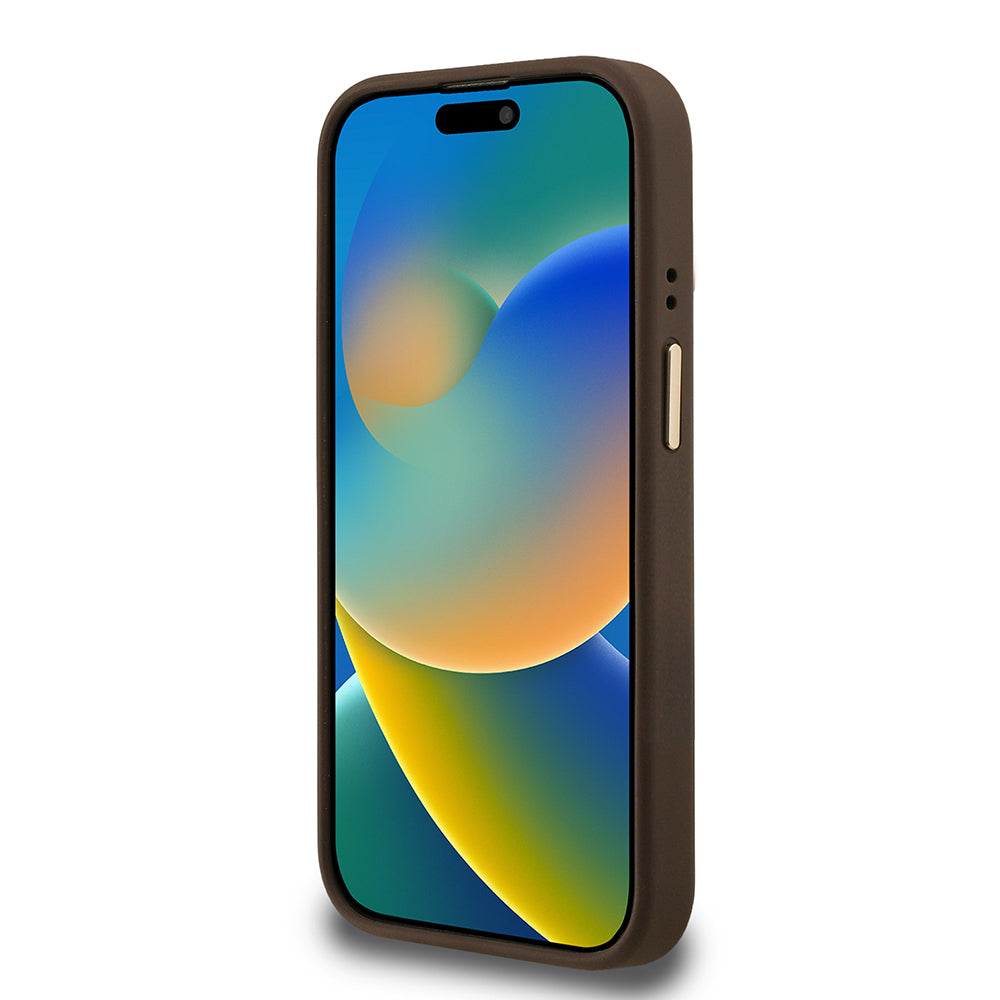 Apple iPhone 15 Pro Kılıf Guess Orjinal Lisanslı PU Deri Taşlı Üçgen Logo 4G Desenli Kamera Standlı Kapak