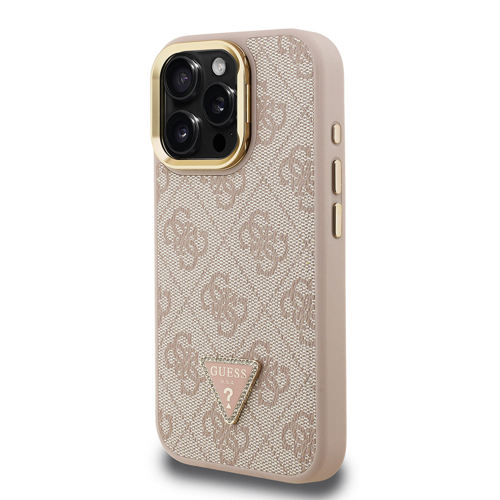 Apple iPhone 15 Pro Kılıf Guess Orjinal Lisanslı PU Deri Taşlı Üçgen Logo 4G Desenli Kamera Standlı Kapak