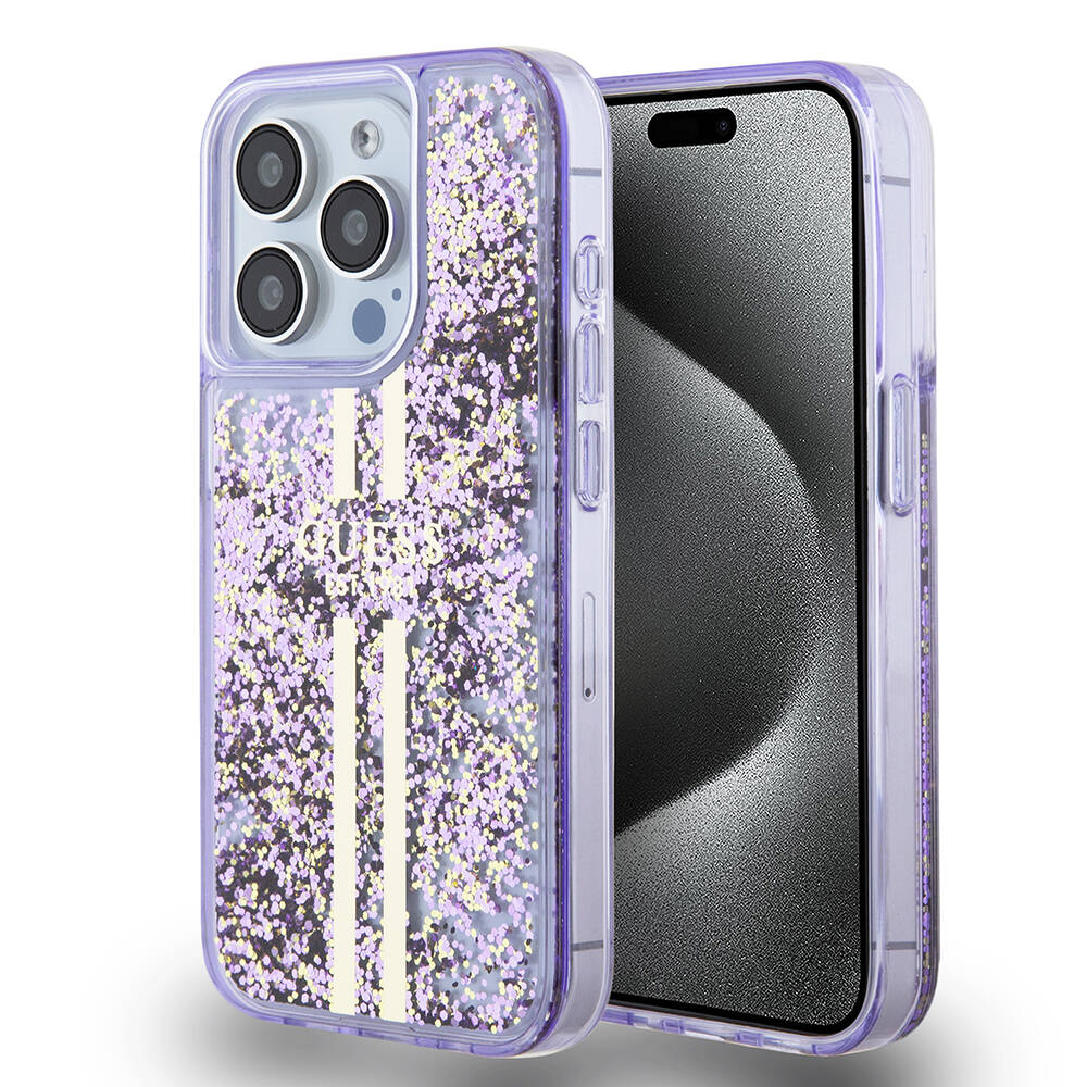 Apple iPhone 15 Pro Kılıf Guess Orjinal Lisanslı Transparan Sıvılı Simli Altın Çizgili Kapak