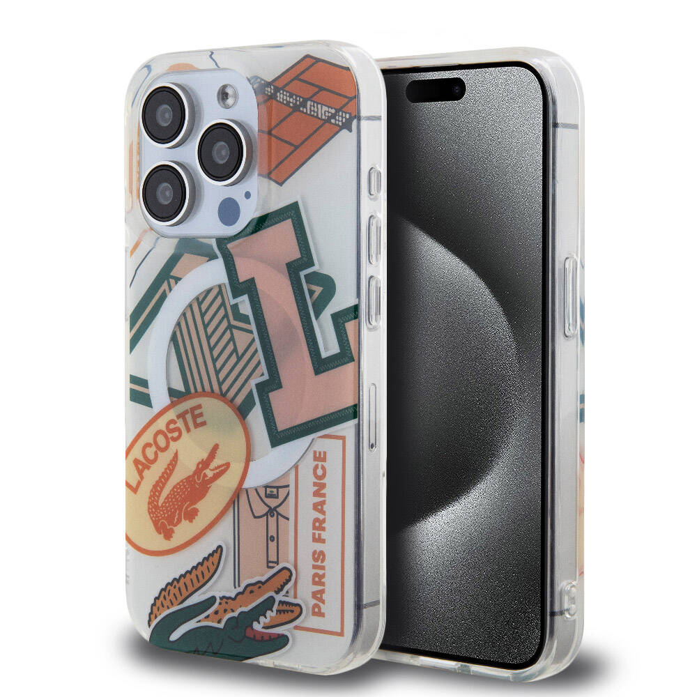 Apple iPhone 15 Pro Kılıf Lacoste Orjinal Lisanslı M-safe Şarj Özellikli Çift Katmanlı Yamalar Desenli Kapak