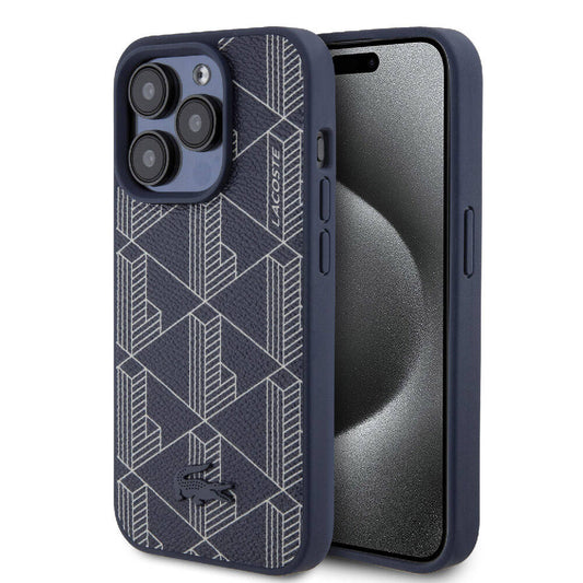 Apple iPhone 15 Pro Kılıf Lacoste Orjinal Lisanslı M-safe Şarj Özellikli PU Deri Görünümlü Karışık Monogram Desenli Kapak