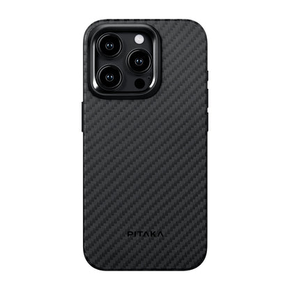 Apple iPhone 15 Pro Kılıf M-safe Şarj Özellikli 1500D Aramid Fiber Pitaka Military-Grade Classic Serisi Black-Grey Twill Kapak