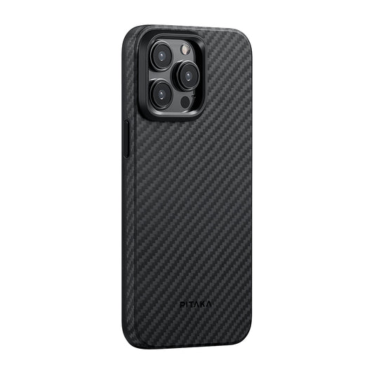 Apple iPhone 15 Pro Kılıf M-safe Şarj Özellikli 1500D Aramid Fiber Pitaka Military-Grade Classic Serisi Black-Grey Twill Kapak