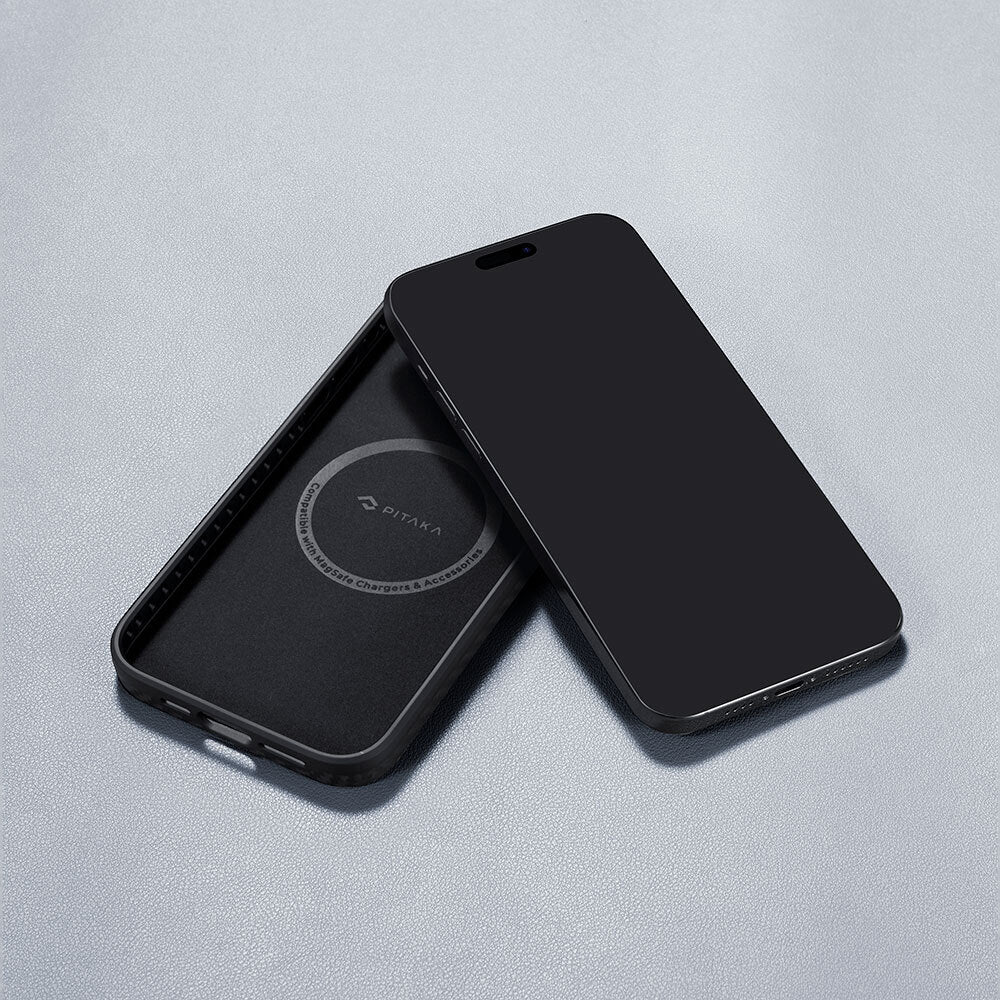 Apple iPhone 15 Pro Kılıf M-safe Şarj Özellikli 1500D Aramid Fiber Pitaka Military-Grade Classic Serisi Black-Grey Twill Kapak