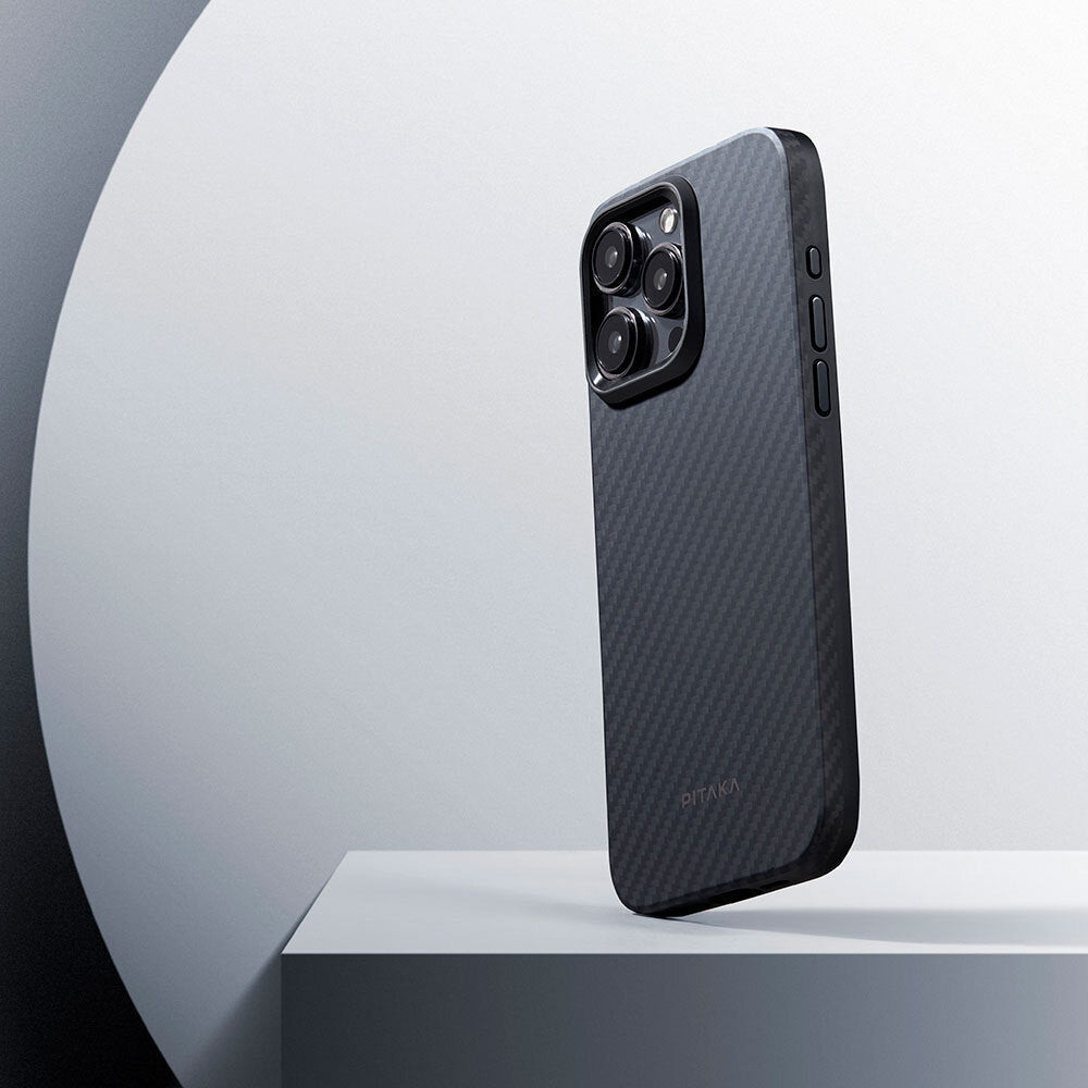 Apple iPhone 15 Pro Kılıf M-safe Şarj Özellikli 1500D Aramid Fiber Pitaka Military-Grade Classic Serisi Black-Grey Twill Kapak
