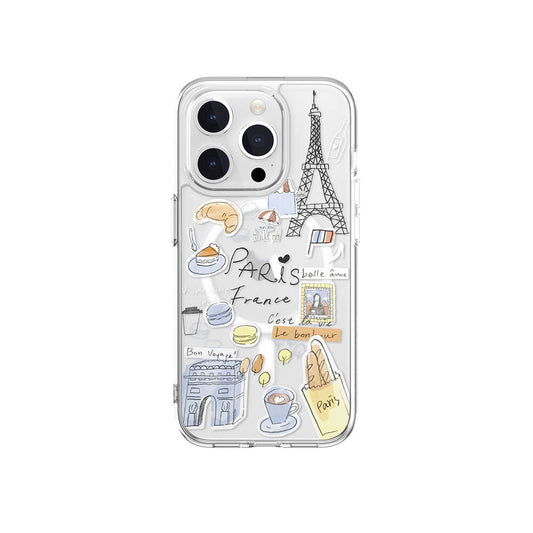 Apple iPhone 15 Pro Kılıf M-safe Şarj Özellikli Çizim Desenli Şok Önleyicili Şeffaf Lisanslı Switcheasy City-M Paris Kapak
