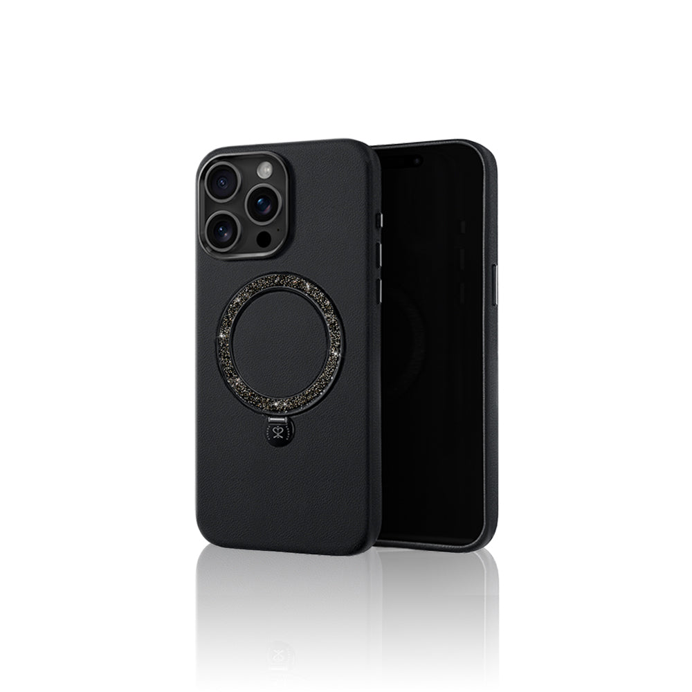 Apple iPhone 15 Pro Kılıf M-safe Şarj Özellikli Standlı Suni Deri Tasarımlı Pynana Dancing Circle Serisi Kapak