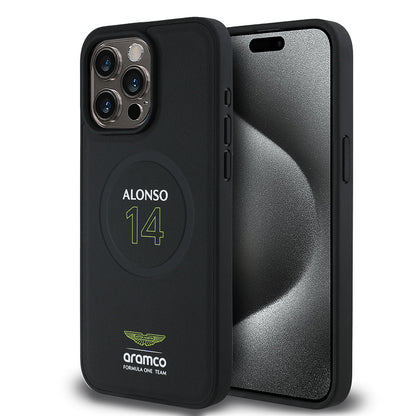 Apple iPhone 15 Pro Max Kılıf Aston Martin Orjinal Lisanslı M-safe Şarj Özellikli PU Deri Alonso 14 Baskılı Kapak