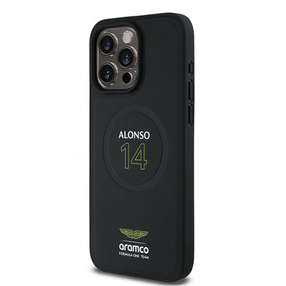 Apple iPhone 15 Pro Max Kılıf Aston Martin Orjinal Lisanslı M-safe Şarj Özellikli PU Deri Alonso 14 Baskılı Kapak