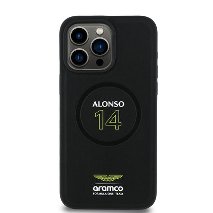 Apple iPhone 15 Pro Max Kılıf Aston Martin Orjinal Lisanslı M-safe Şarj Özellikli PU Deri Alonso 14 Baskılı Kapak