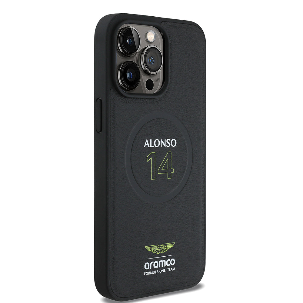 Apple iPhone 15 Pro Max Kılıf Aston Martin Orjinal Lisanslı M-safe Şarj Özellikli PU Deri Alonso 14 Baskılı Kapak