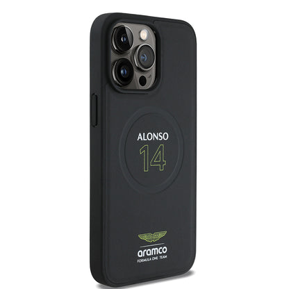 Apple iPhone 15 Pro Max Kılıf Aston Martin Orjinal Lisanslı M-safe Şarj Özellikli PU Deri Alonso 14 Baskılı Kapak
