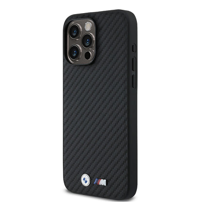 Apple iPhone 15 Pro Max Kılıf BMW Orjinal Lisanslı Karbon Fiber Tasarımlı ve Metal Logolu PU Deri Kapak