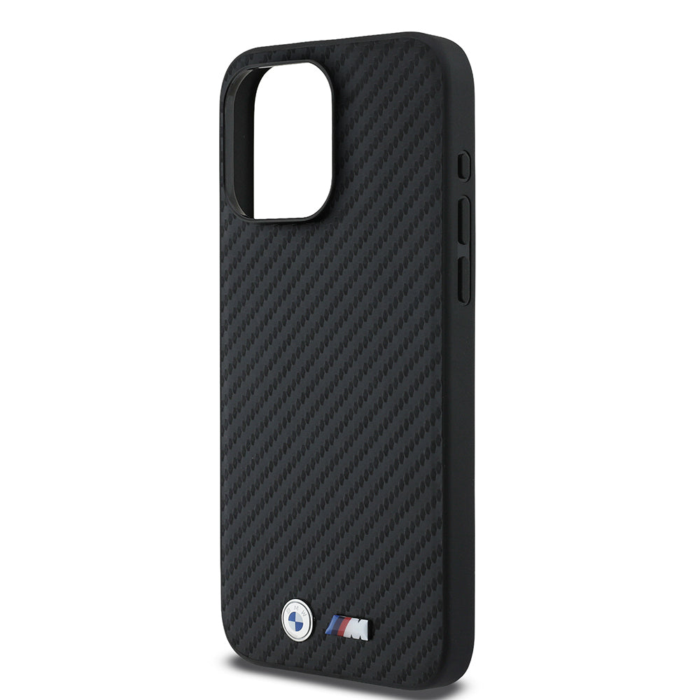 Apple iPhone 15 Pro Max Kılıf BMW Orjinal Lisanslı Karbon Fiber Tasarımlı ve Metal Logolu PU Deri Kapak