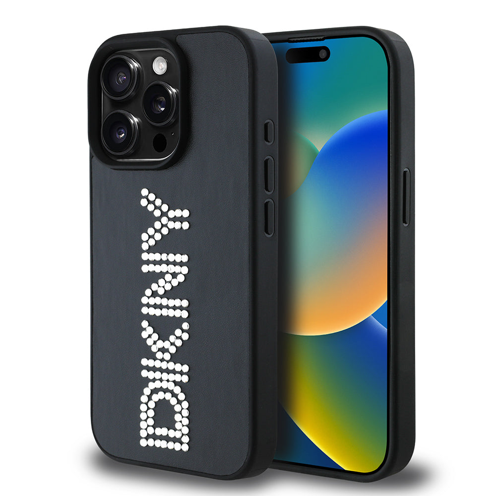 Apple iPhone 15 Pro Max Kılıf DKNY Orjinal Lisanslı Taşlı DKNY Yazılı Metalik Rhinestones PU Deri Kapak