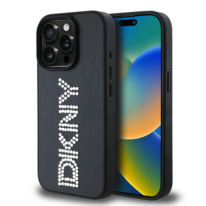 Apple iPhone 15 Pro Max Kılıf DKNY Orjinal Lisanslı Taşlı DKNY Yazılı Metalik Rhinestones PU Deri Kapak
