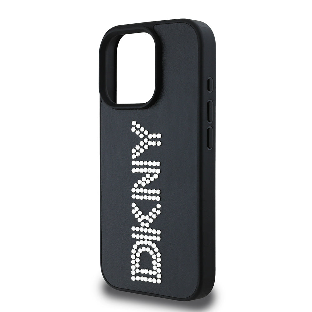 Apple iPhone 15 Pro Max Kılıf DKNY Orjinal Lisanslı Taşlı DKNY Yazılı Metalik Rhinestones PU Deri Kapak
