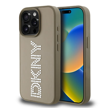 Apple iPhone 15 Pro Max Kılıf DKNY Orjinal Lisanslı Taşlı DKNY Yazılı Metalik Rhinestones PU Deri Kapak